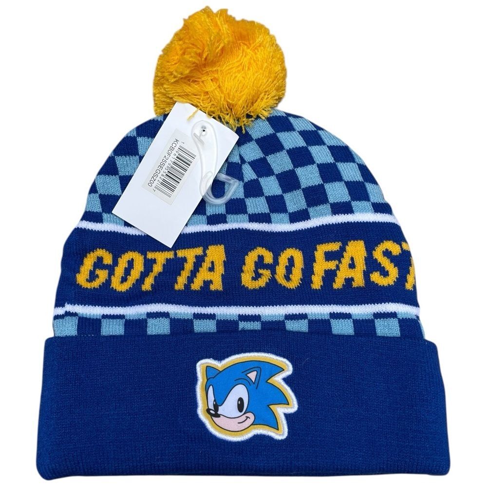 Sonic The Hedgehog Gotta Go Fast Cuffed Pom Beanie Hat Blue nwt stocking stuffer